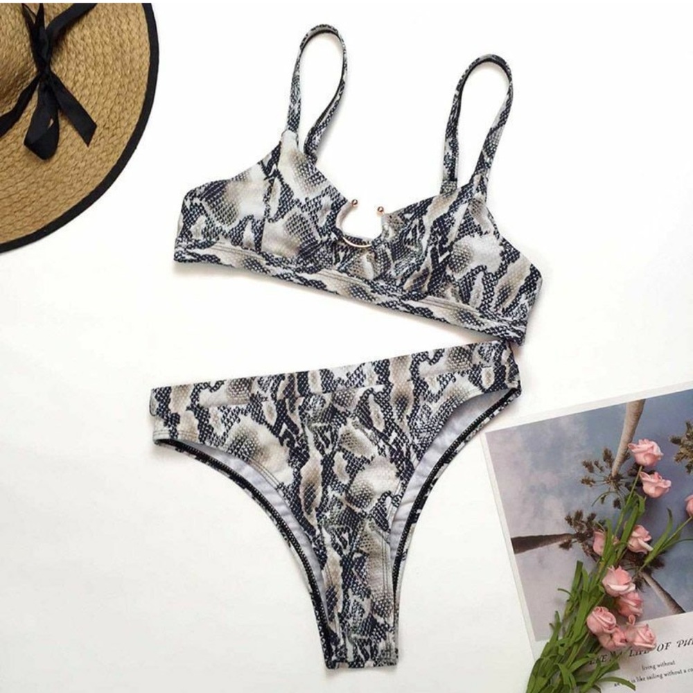 SHEIN Black and Cream Snake Print Bikini Set